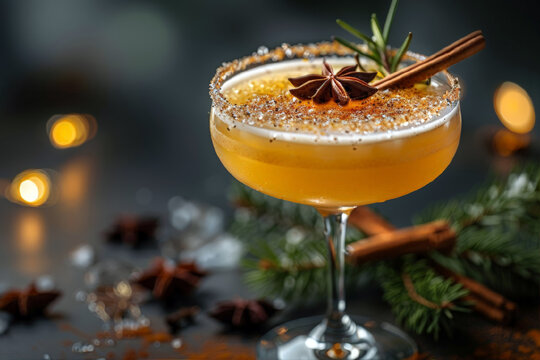  Glass Smoky apple cider margarita fall cocktail with cinnamon, rosemary, anise,  commercial image , free place for text, for menu, banner,