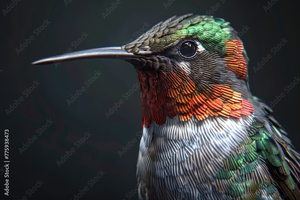 Poster Close-up of a hummingbird with a black background, suitable for various design projects