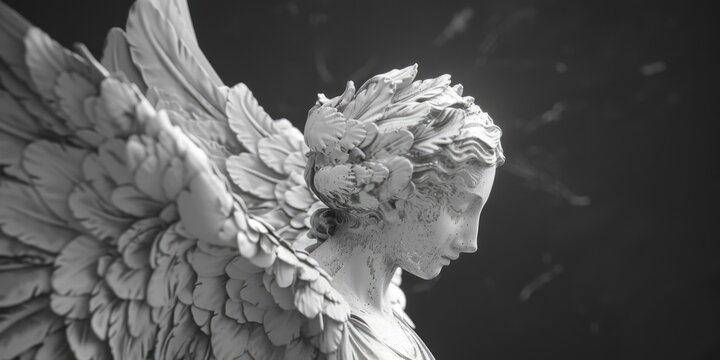 A striking black and white image of an angel statue. Perfect for religious or memorial designs