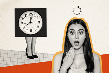 Composite photo collage of young shocked girl legs heels instead body watch deadline load status icon circle isolated on painted background