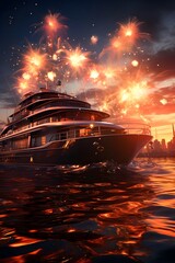 Luxury yachts and fireworks in the sea at sunset