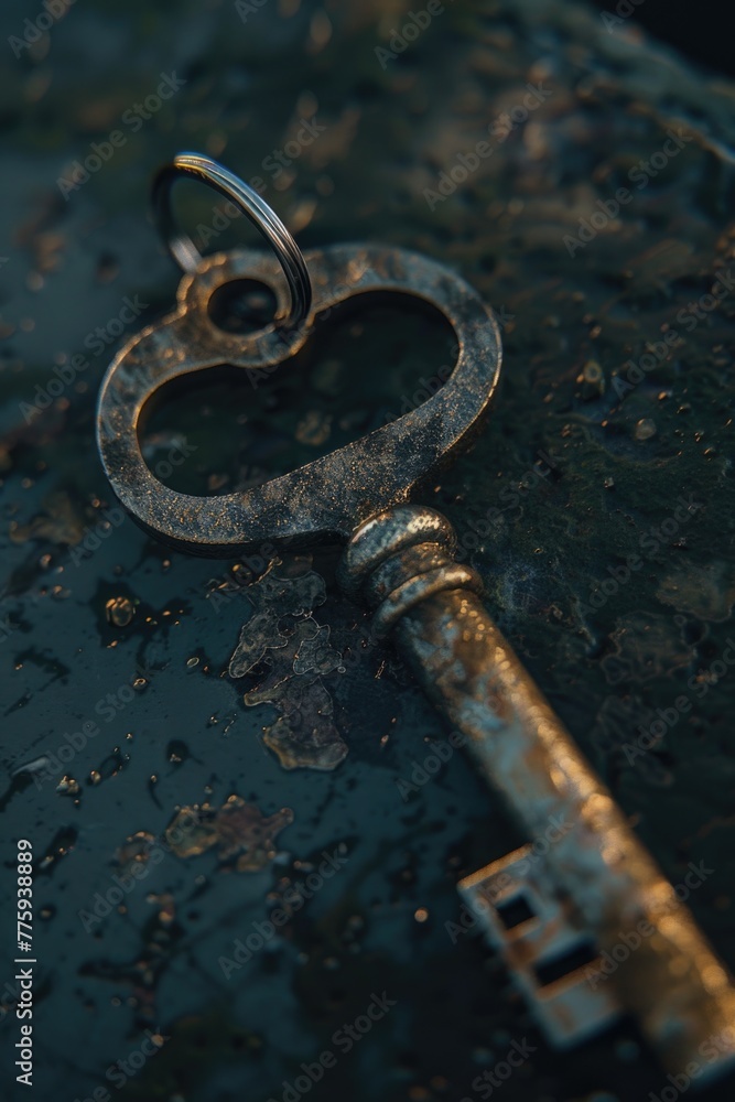 Poster An old key with a ring on a table. Suitable for concepts of security and access