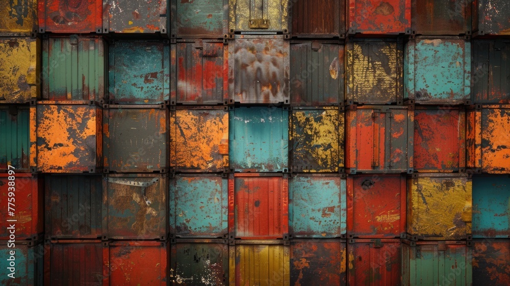 Poster A bunch of rusty containers stacked on top of each other. Ideal for industrial, shipping, or recycling concepts