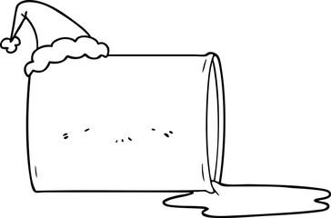 hand drawn line drawing of a oil drum wearing santa hat
