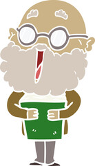 flat color style cartoon joyful man with beard and book