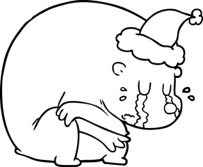 crying hand drawn line drawing of a polar bear wearing santa hat