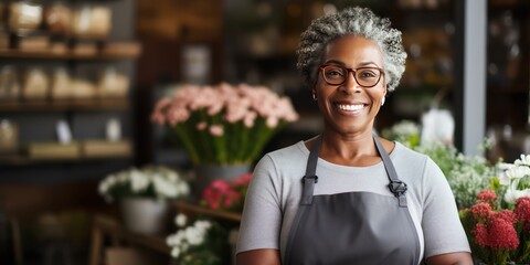 Smiling mature African American woman in eyeglasses standing in her flower shop. Saleswoman is...