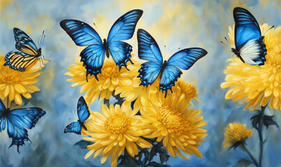 Beautiful blue butterflies on large yellow chrysanthemum flowers, oil painting. - obrazy, fototapety, plakaty