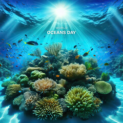 Fototapeta premium world ocean day, 8 June. world ocean day poster, shinny light coral, Happy World oceans day, sea plants, poster, banner, post, vector, dolphin. shark, coral. sea plants, oceans day, vector design. 