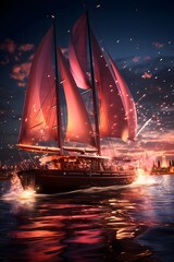 Sailing ship in the night sky. 3d render illustration. - obrazy, fototapety, plakaty