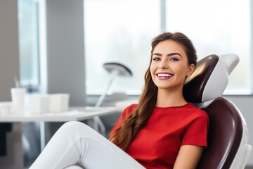 Close-up photo of a smiling woman sitting in a chair in a dental office. She is waiting for the dentist for an oral procedure. Teeth whitening concept.