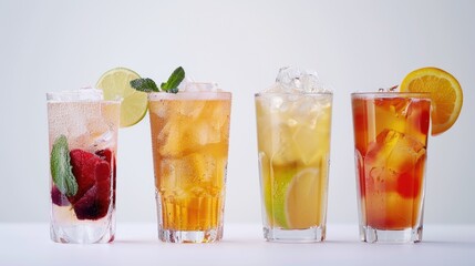 Row of four glasses filled with various beverages. Suitable for menu design