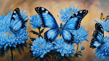 Beautiful blue butterflies on large blue chrysanthemum flowers, oil painting. - 775939476