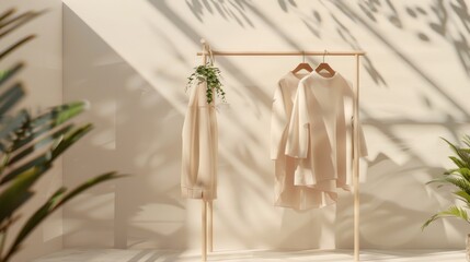 Clothes hanging on a rack in a white room, perfect for fashion or organization concepts