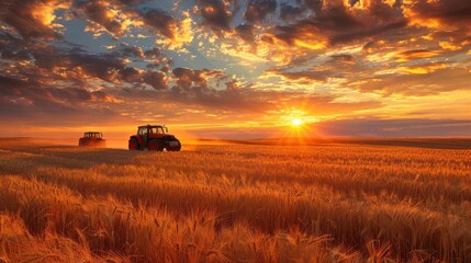 Majestic Tractor Journey Through Wheat Field Sunset