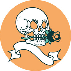 tattoo style icon with banner of a skull and rose