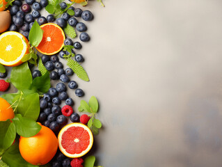 Background with fruits, blueberries, orange, and green salads on a beautiful bright hand-painted blank background with space for text, top view. 