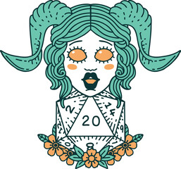 Retro Tattoo Style tiefling with natural twenty dice roll