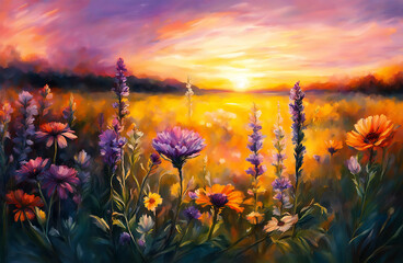 Blooming mountain meadow with wildflowers against the backdrop of a colorful sunset. Oil painting. - 775940414
