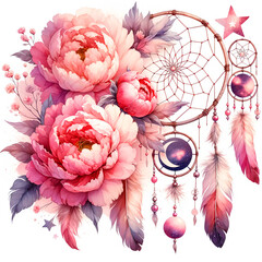 Watercolor flower dream catcher with feathers