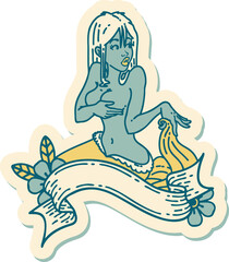 sticker of tattoo in traditional style of a pinup mermaid with banner