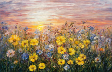 Blooming meadow with yellow and blue wildflowers against the backdrop of a gentle sunset. Oil painting, pastel colors. - 775940496