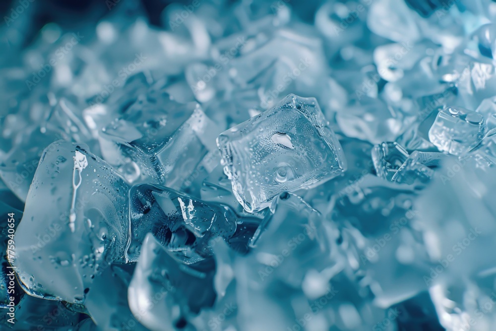 Poster a pile of ice sitting on top of a table. suitable for winter concepts