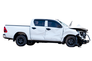 Car crash, Side view of white pickup car get hard damaged by accident on the road. damaged cars after collision. isolated on transparent background, PNG File