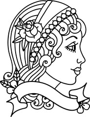 traditional black linework tattoo with banner of a gypsy head