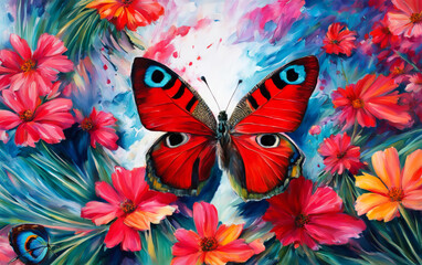 European peacock butterfly on bright gerbera flowers, oil painting, colorful summer background. - 775940693