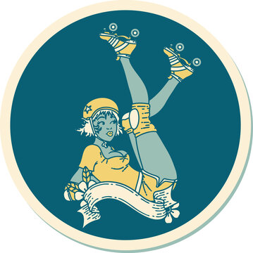 sticker of tattoo in traditional style of a pinup roller derby girl with banner