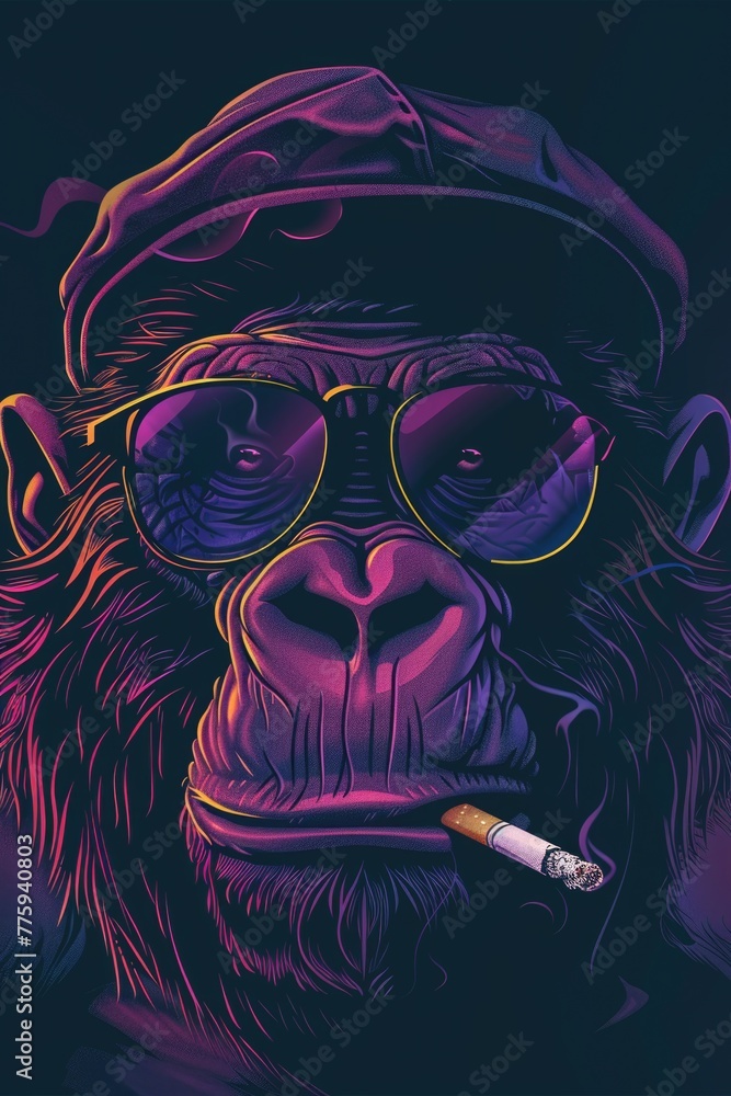 Poster a monkey wearing sunglasses and a hat smoking a cigarette. perfect for adding a touch of humor to yo