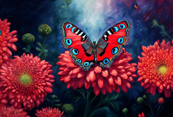 European peacock butterfly on red flowers of large chrysanthemum, oil painting, colorful summer background. - 775940811