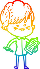 rainbow gradient line drawing of a cartoon frustrated woman