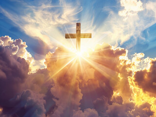 Cross in the clouds and rays of sun, power of faith concept 