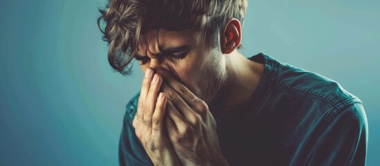 Stressed man holding face and mouth - obrazy, fototapety, plakaty