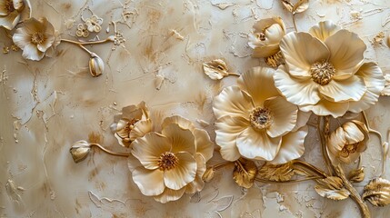Light decorative texture of a plaster wall with voluminous decorative flowers and golden elements. - obrazy, fototapety, plakaty
