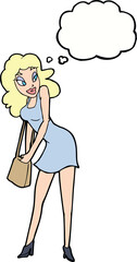 cartoon woman looking in handbag with thought bubble