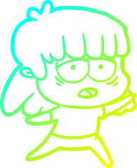cold gradient line drawing of a cartoon tired woman