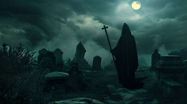 grim reaper holding sword walking in graveyard