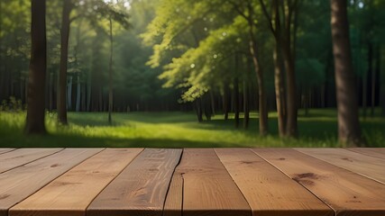 a Wooden table and spring forest background Generative AI