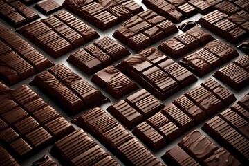 Dark chocolate bars arranged in an abstract composition, each piece showcasing its own unique texture and shine.