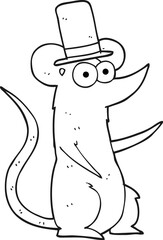 freehand drawn black and white cartoon mouse wearing top hat