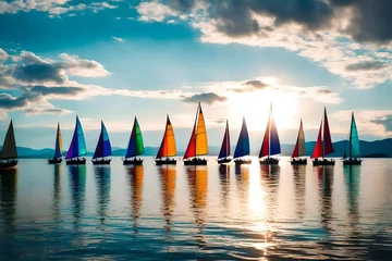 Deurstickers A row of sailboats gliding across a calm lake, with their colorful sails adding a sense of movement and adventure. © WOW