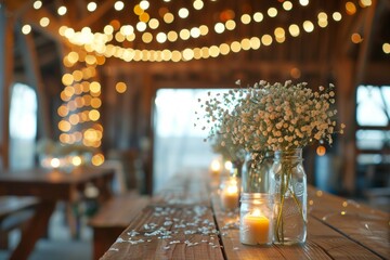 rustic table setting with candles and baby's breath flowers in a barn - obrazy, fototapety, plakaty