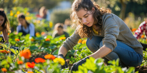 A girl works in the garden with gloves on during Green Week, planting seedlings, caring for young trees, banner