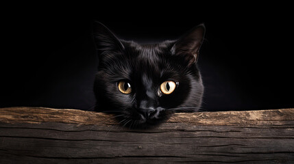 Portrait of a black cat peeks out behind a wooden board or fence on a black background.
