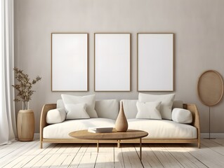 Mockup poster frame. Living room wall poster mockup. Interior mockup with house background. Modern interior design. 3D render