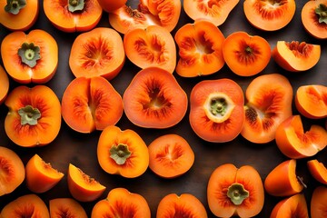 The intriguing pattern and vibrant orange color of a sliced persimmon, revealing its sweet, tender...
