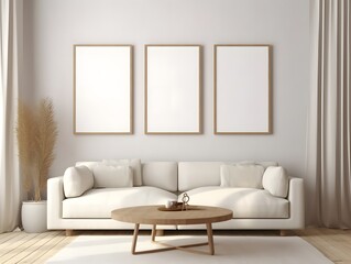 Mockup poster frame. Living room wall poster mockup. Interior mockup with house background. Modern interior design. 3D render